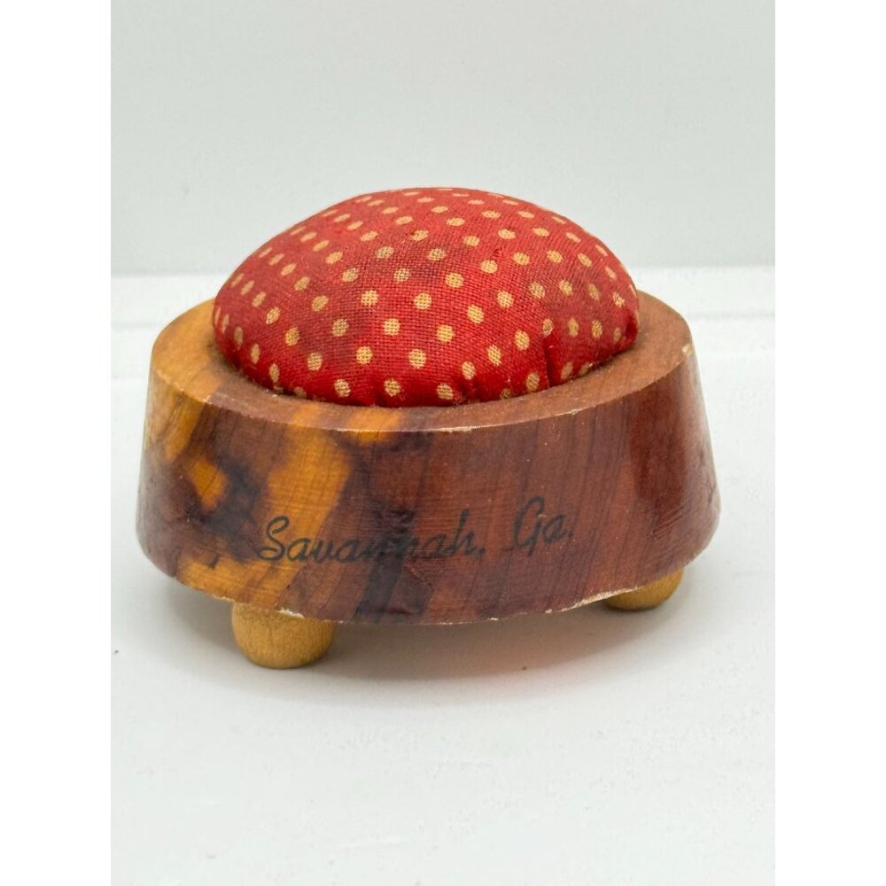 Handcrafted Wooden Pincushion With Red Polka Dot Fabric Savannah Ga Souvenir Vin